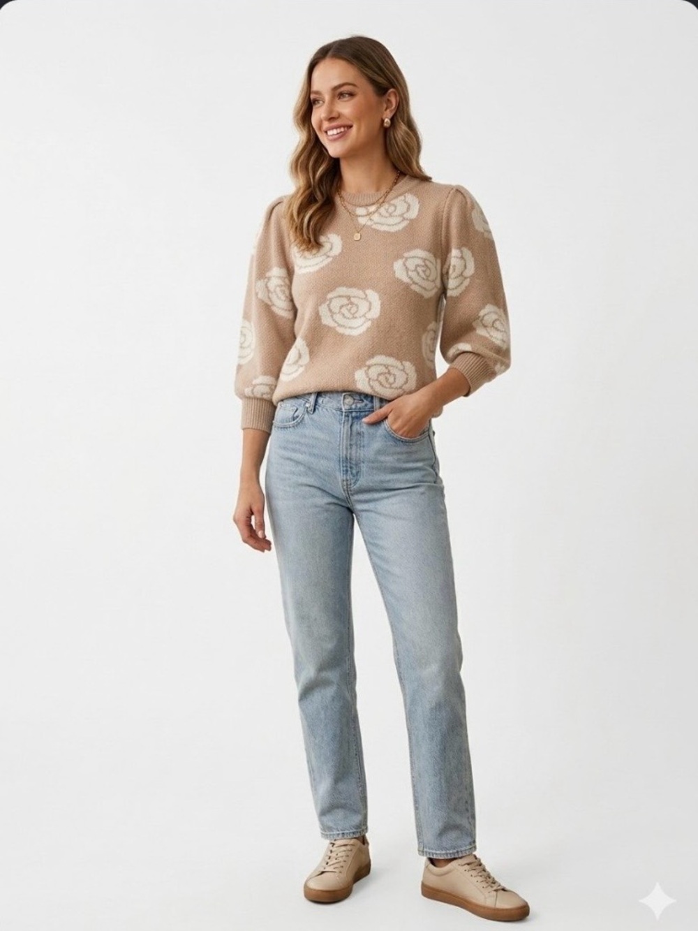 Polagram Beige Rose-Print Puff-Sleeve Crewneck Sweater Size S